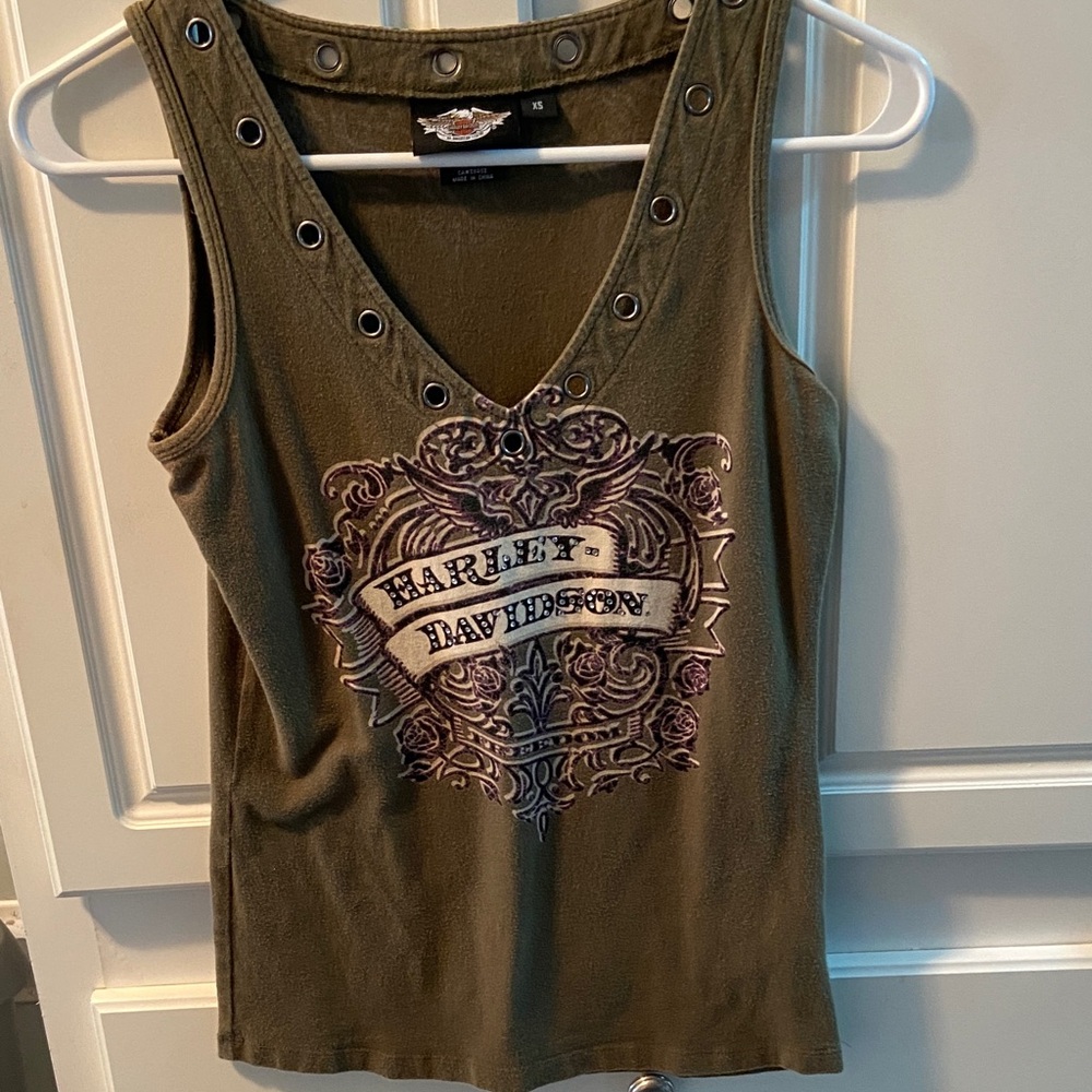 Harley-Davidson Olive Green V-Neck Tank with Grommet Trim and Crest Graphic
